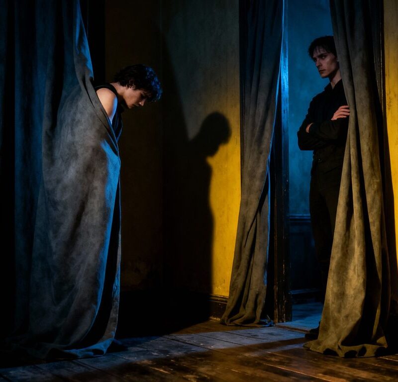 Couple in shadows, one looking ashamed.