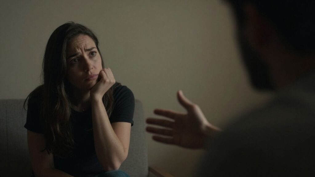 Couple in shadows, one looking away, hesitant touch.