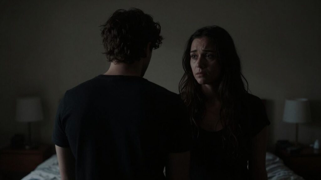 Couple in shadows, one looking worried, intimate setting.