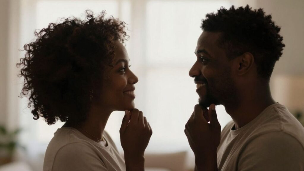Couple in silhouette, intimate connection, warm lighting.