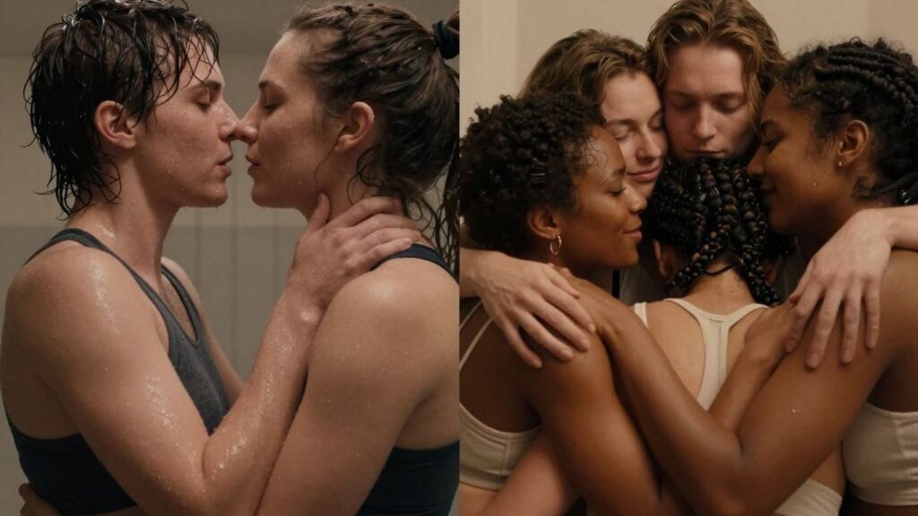 Couple in sport fucking and group in polyamorous embrace.