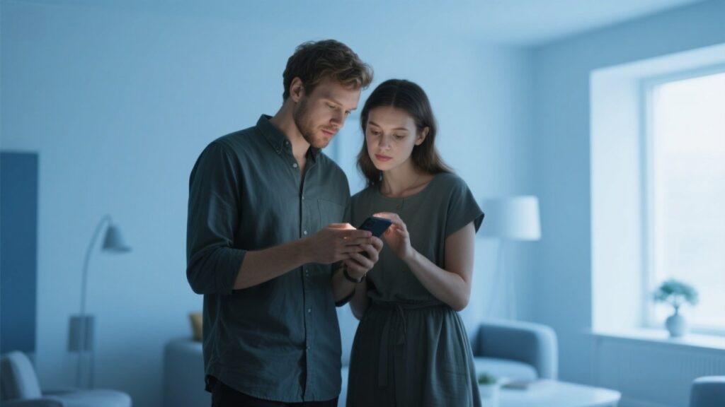 Couple intensely focused on a smartphone screen.