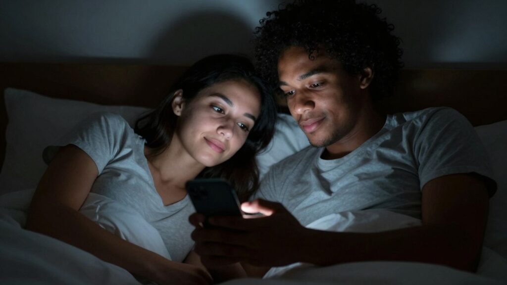 Couple interacting intimately with a smartphone in bed.