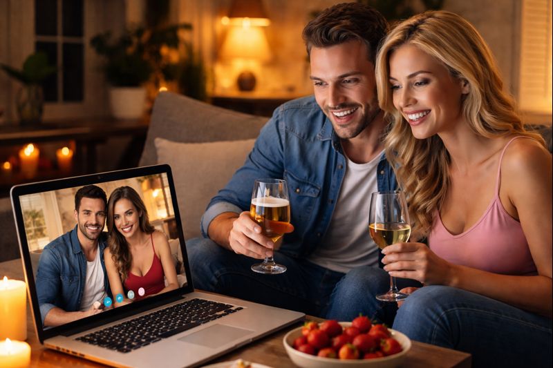 Couple interacting online for swinging encounter.