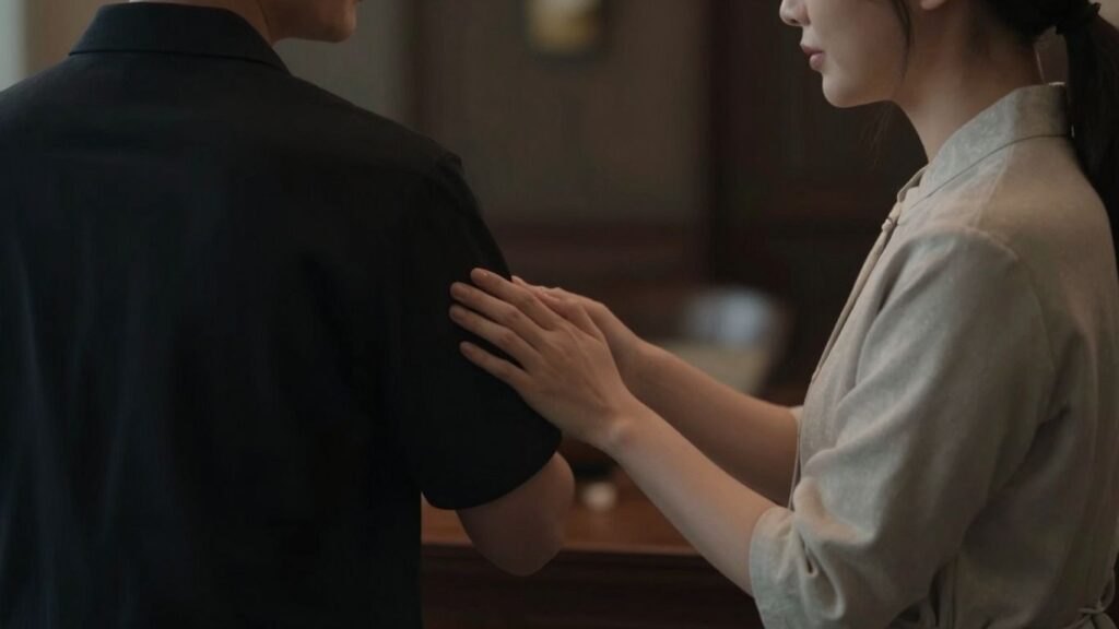 Couple interacting respectfully in an elegant, private setting.