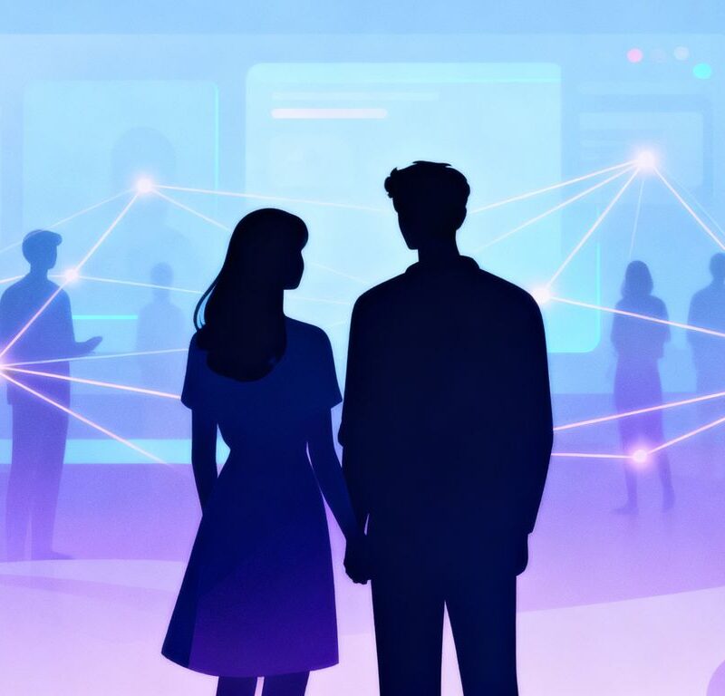 Couple interacting with a digital interface in the swinging lifestyle.