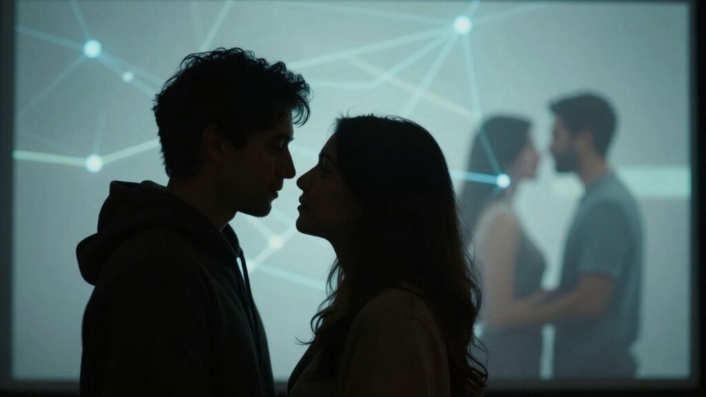 Couple interacting with digital connections on a screen.