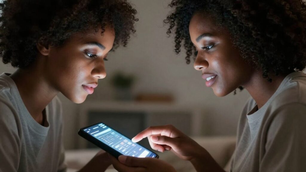 Couple interacting with glowing digital screens