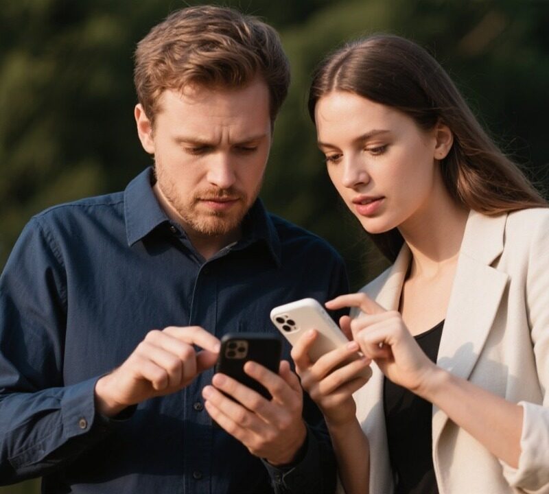 Couple interacting with phones before meeting.