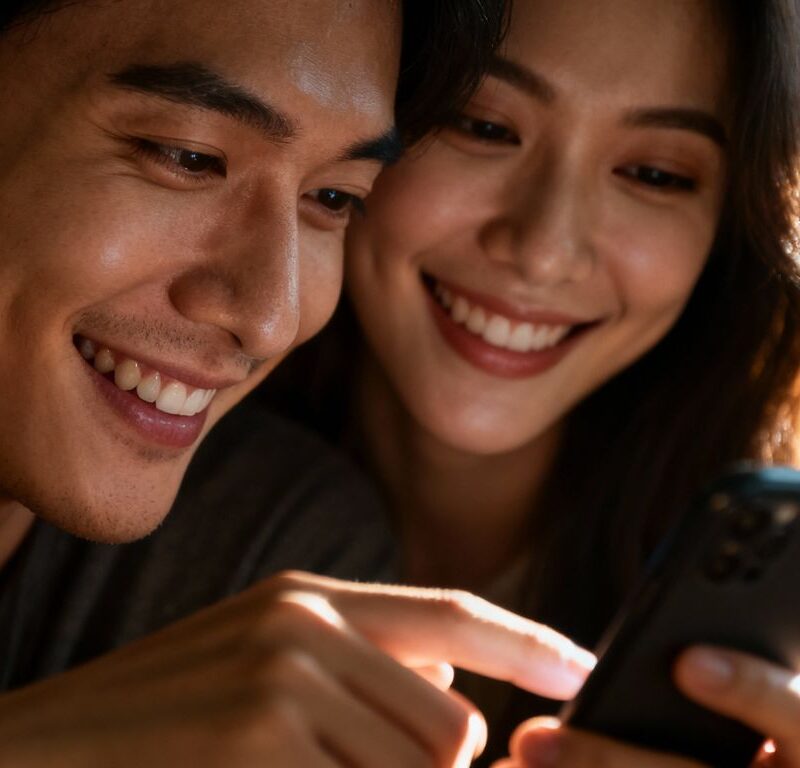Couple looking at a smartphone, smiling.