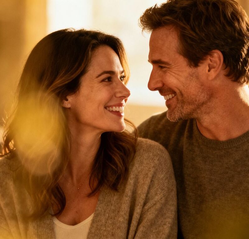 Couple looking at each other with playful intimacy.