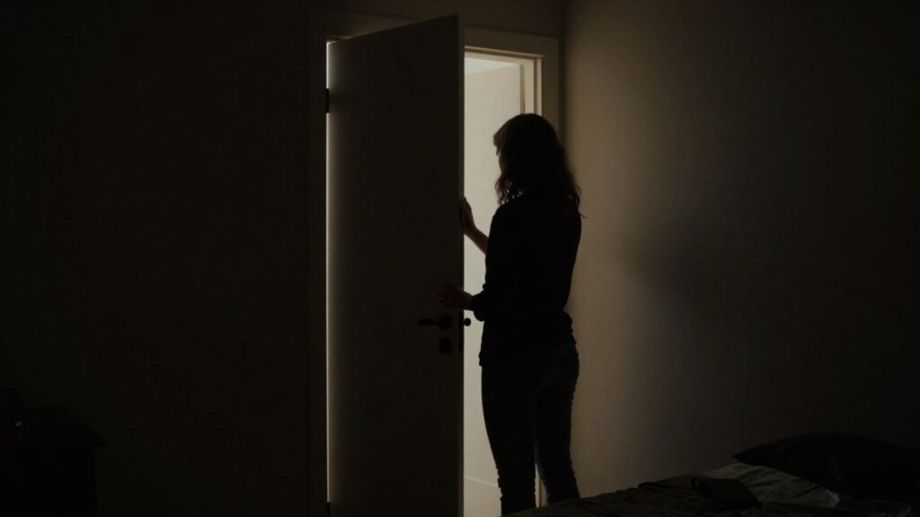 Couple near a closet door in a bedroom.