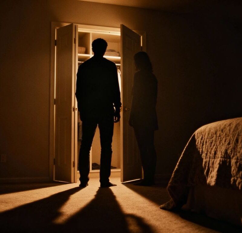 Couple near closet door, emotional tension.