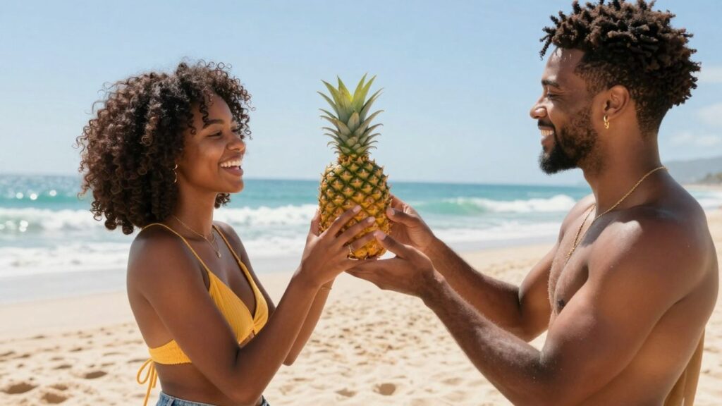 Couple on beach with pineapple, subtle flirtation.