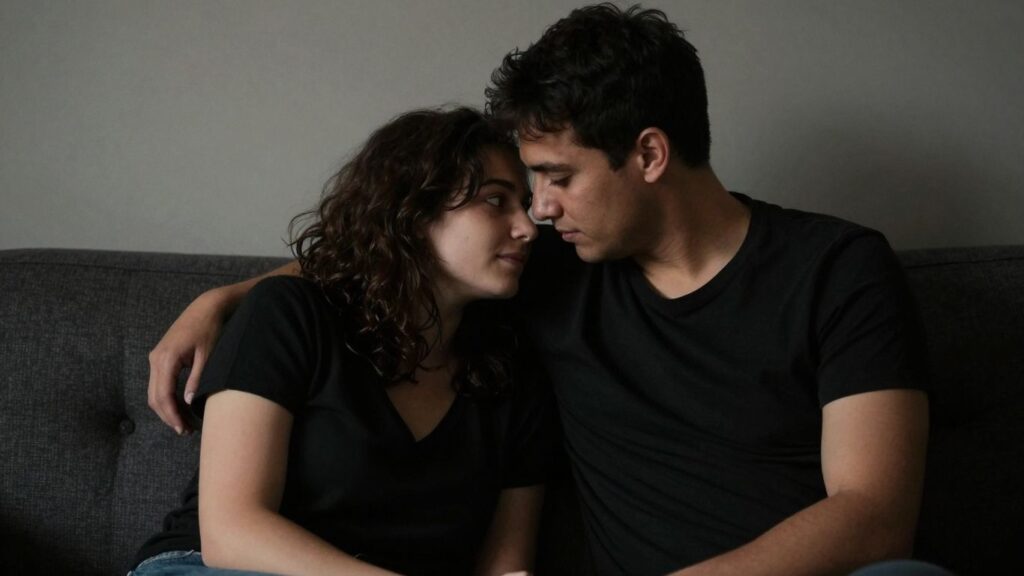 Couple on couch, intimate lighting, leaning in.