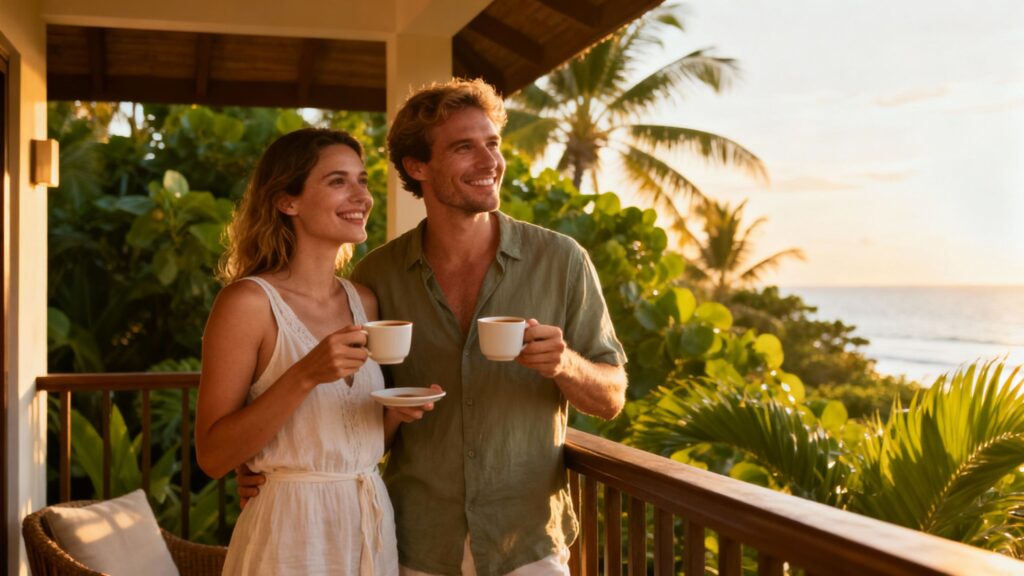 Couple on resort balcony enjoying a sunny vacation.