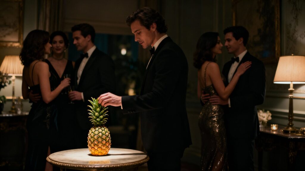 Couple places upside-down pineapple at a party.