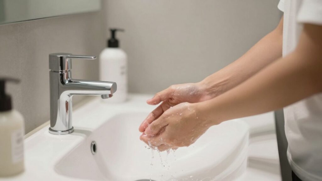 Couple practicing hygiene in a modern bathroom.
