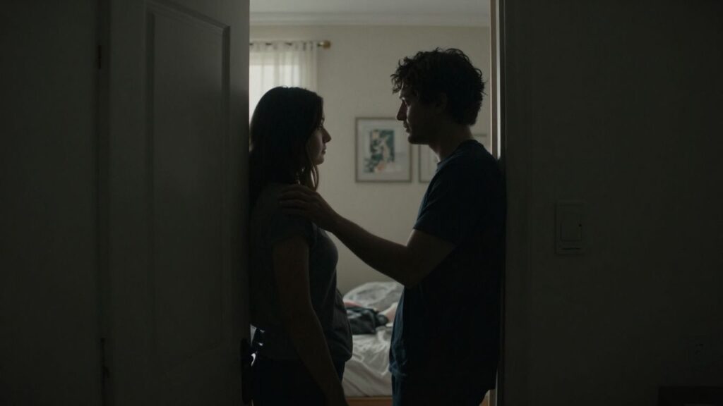 Couple setting boundaries in a private, intimate setting.