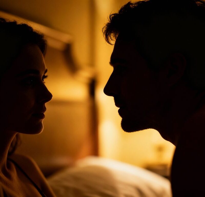 Couple sharing a discreet, intimate moment in a bedroom.