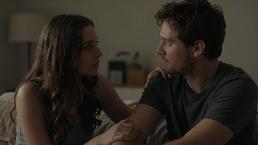 Couple sharing a discreet, knowing glance in an intimate setting.