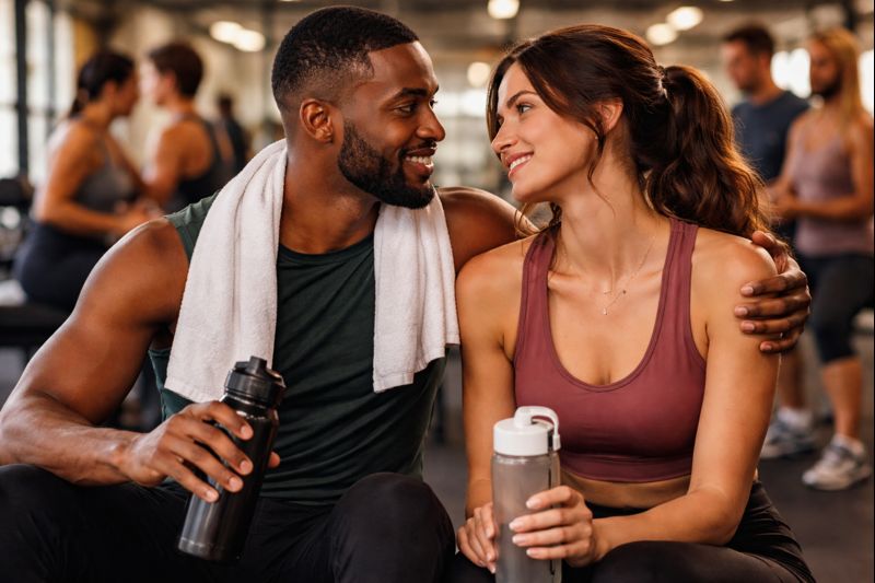 Couple sharing a joyful moment at gym