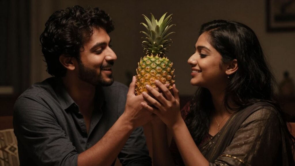 Couple sharing a pineapple, intimate communication.