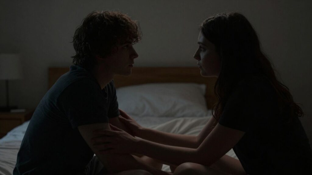 Couple sharing a private, intimate moment in a dimly lit room.