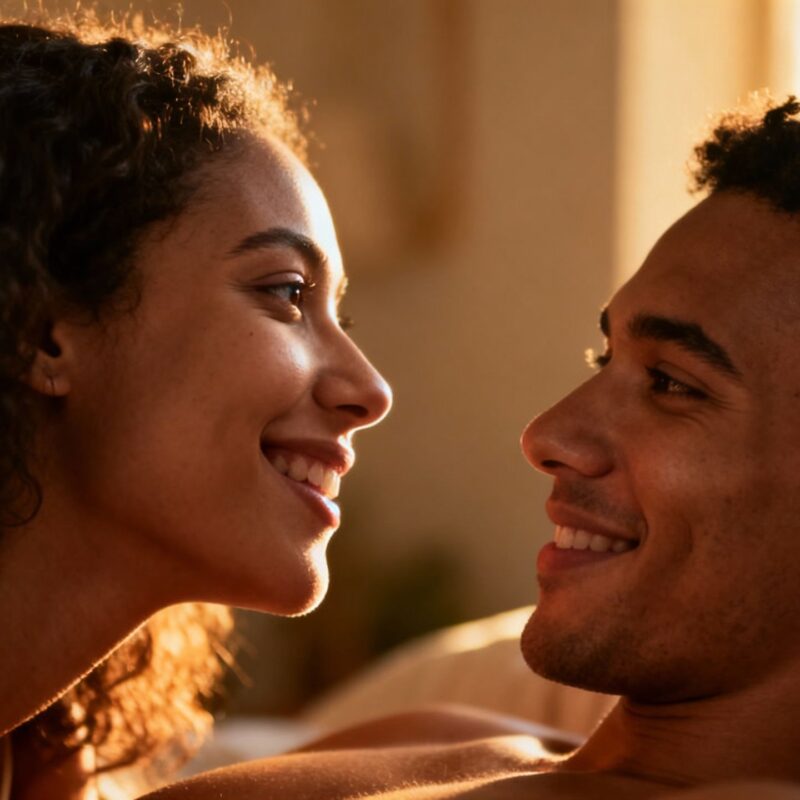 Couple sharing an intimate and playful moment.