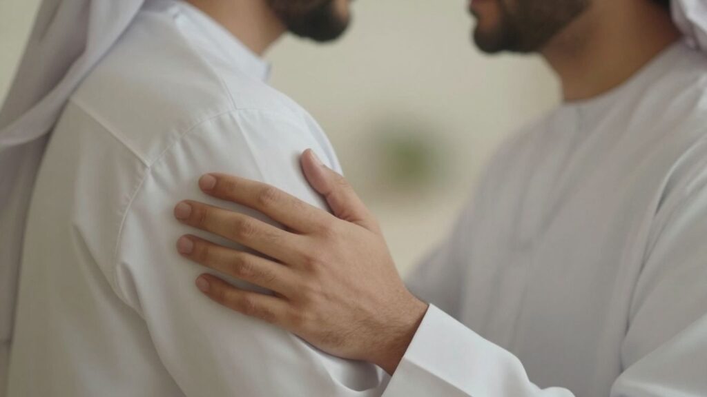 Couple sharing an intimate, discreet moment in soft lighting.