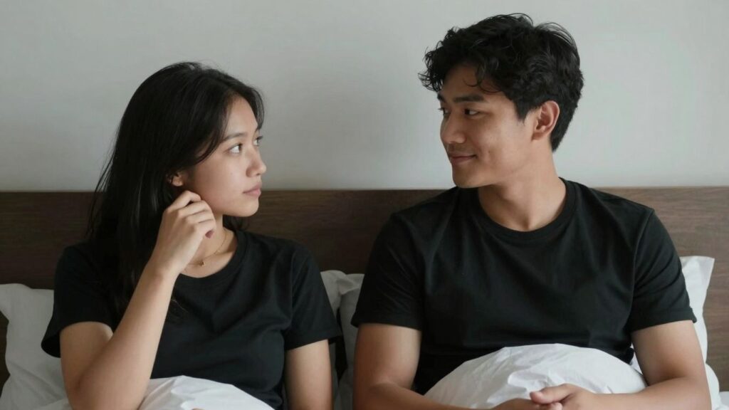 Couple sharing an intimate moment, challenging traditional roles.