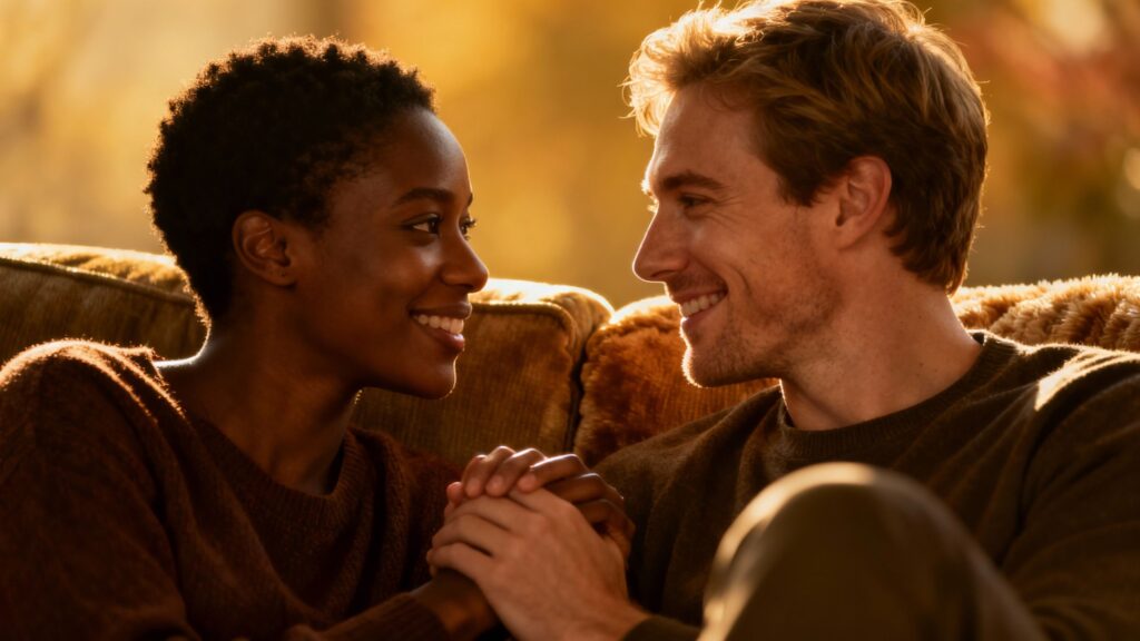 Couple sharing an intimate moment, testing emotional and sexual compatibility.