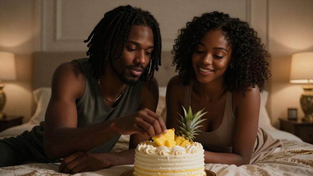 Couple sharing an intimate moment with a pineapple upside-down cake.