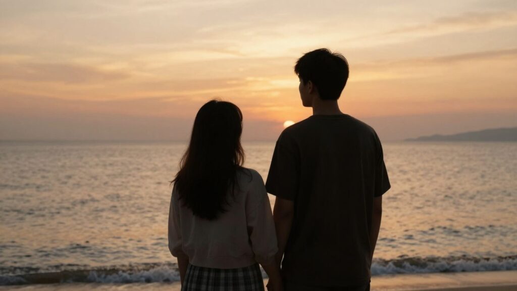 Couple silhouetted against a sunset beach.