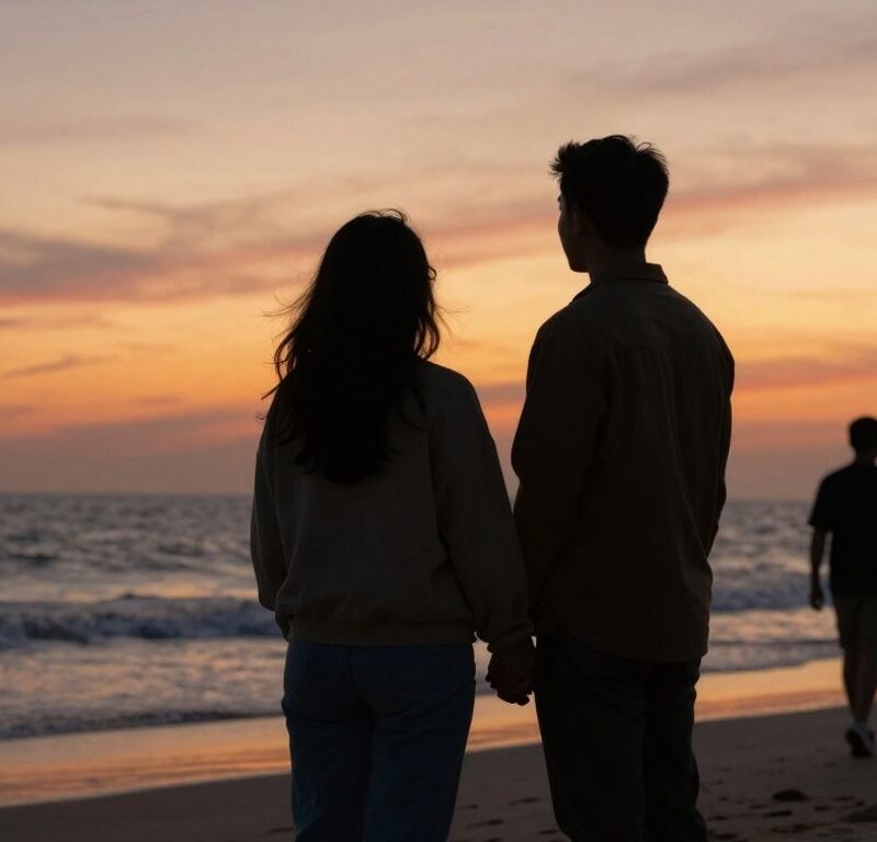 Couple silhouetted against sunset, another couple in distance.