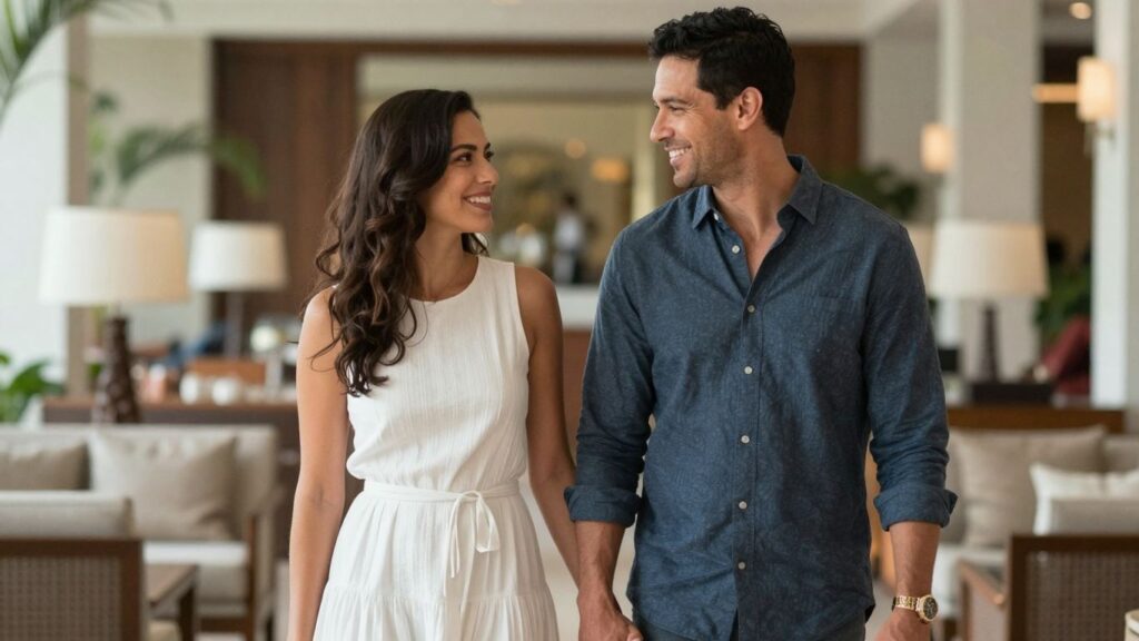 Couple smiling and holding hands in a lounge.