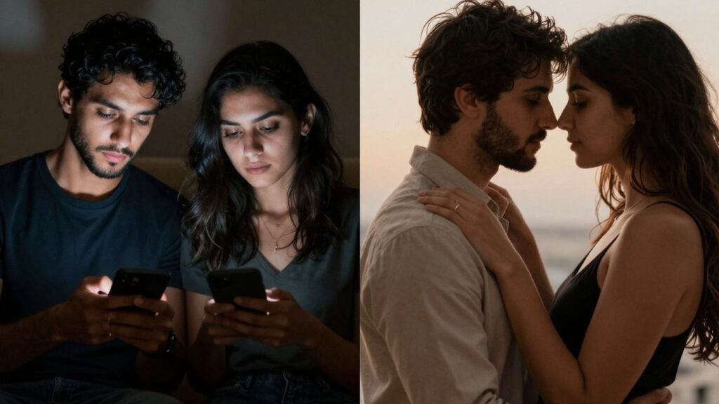 Couple texting versus couple embracing intimately.
