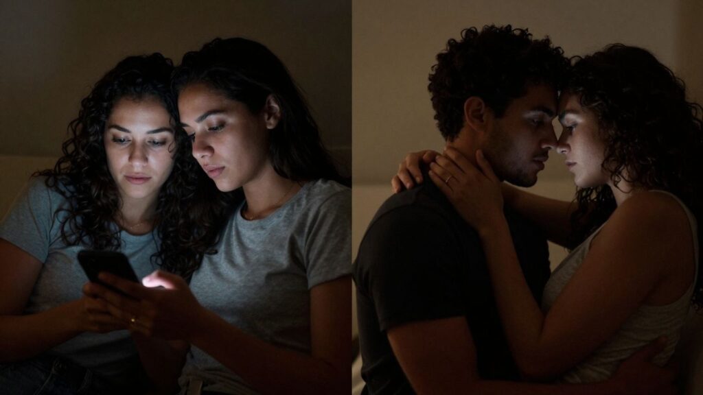 Couple texting versus couple embracing intimately.