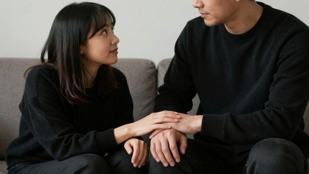 Couple touching hands, conveying intimacy and understanding.