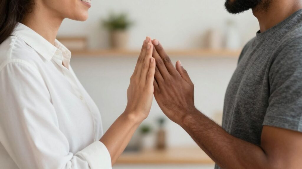 Couple touching hands, intimate setting