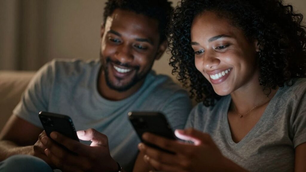 Couple using digital devices for intimate connection