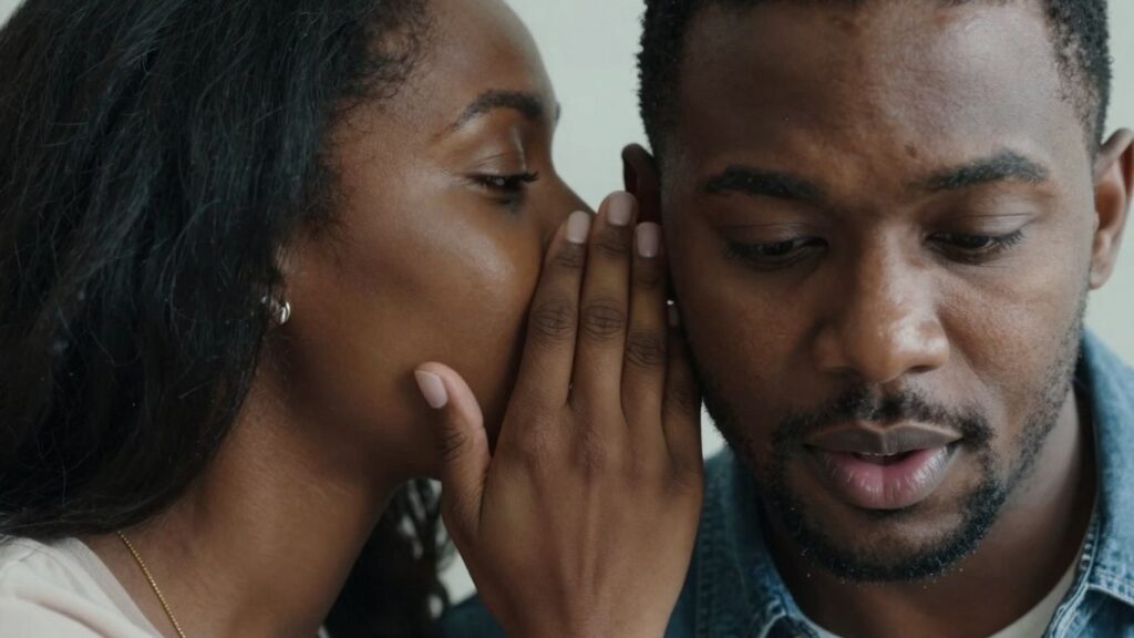 Couple whispering intimately, conveying connection and intrigue.