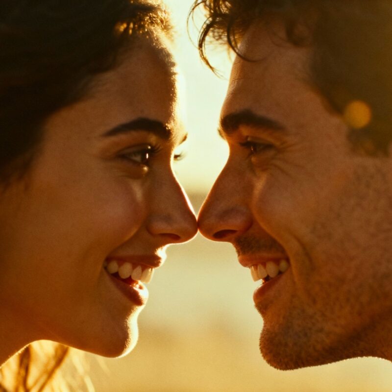 Couple whispering intimately, conveying connection and intrigue.