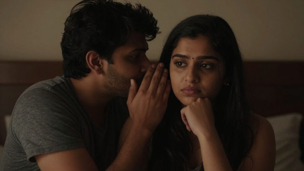Couple whispering intimately in a bedroom.