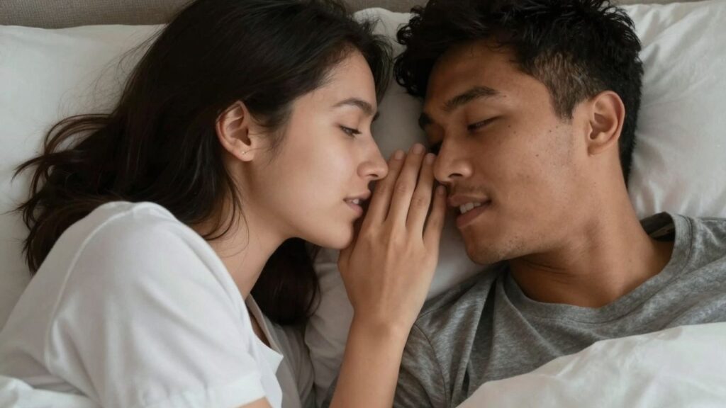 Couple whispering intimately in bed.