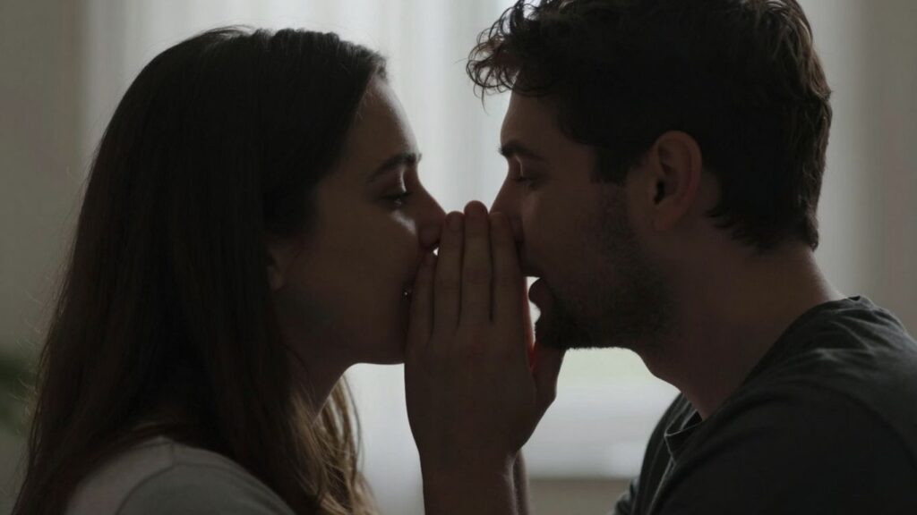 Couple whispering intimately in soft, blurred lighting.