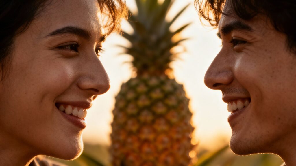 Couple with a blurry pineapple in the background.
