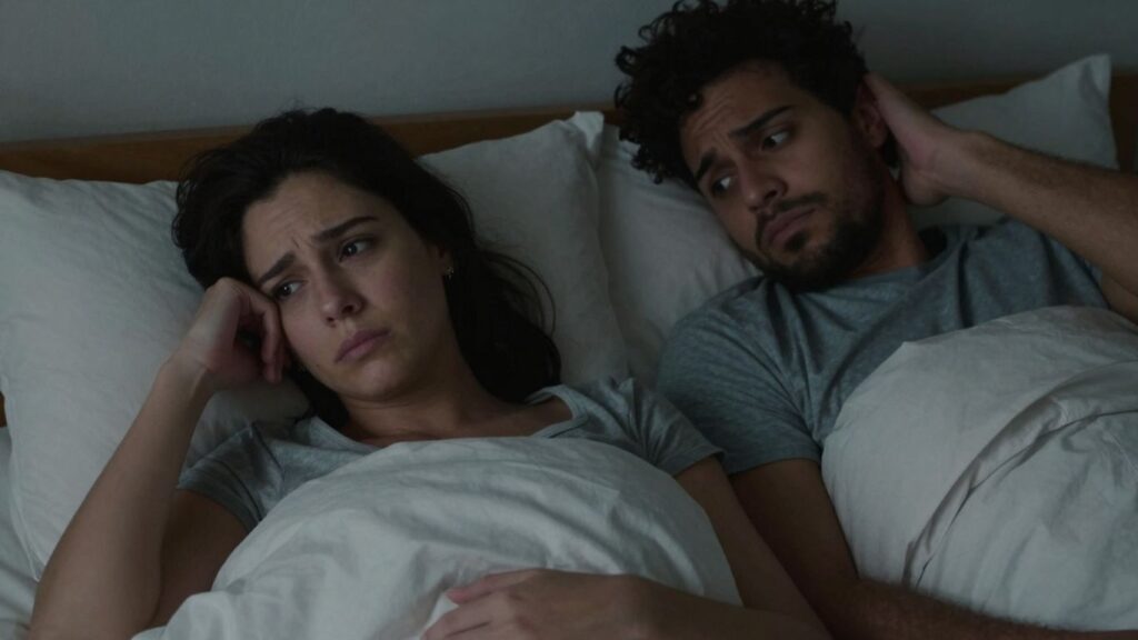 Couple with disconnect in bed, one partner looking away.