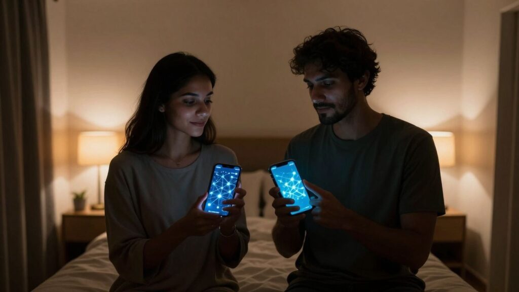 Couple with glowing phones in a bedroom.