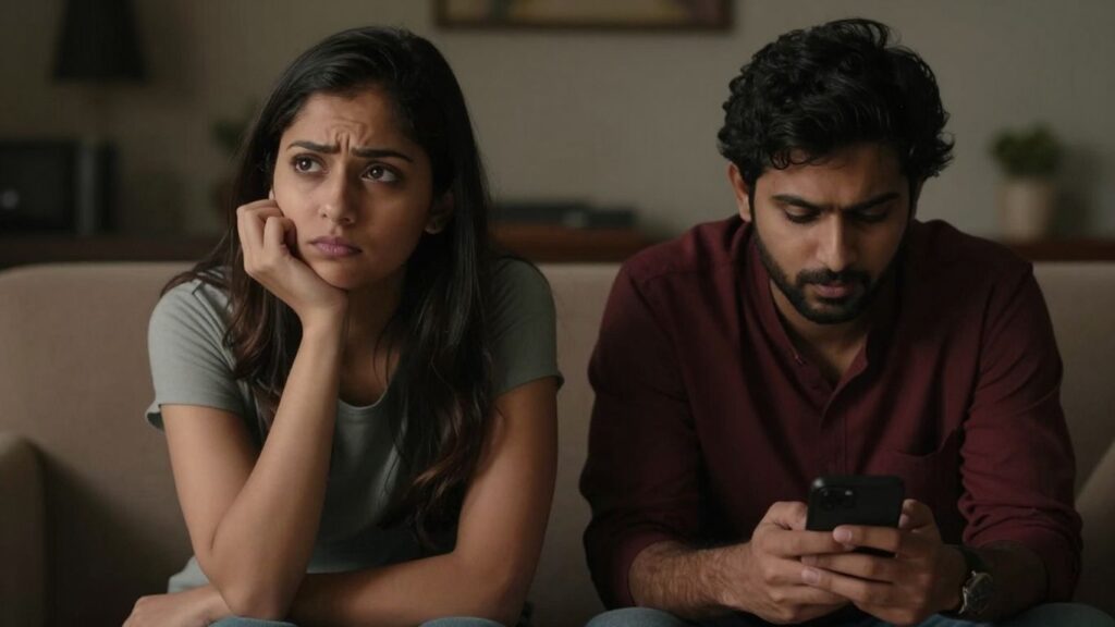 Couple with one partner ignoring the other, showing relationship disconnect.